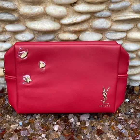 New! YSL YVES SAINT LAURENT BEAUTE Red & Gold Charms Makeup Bag/Clutch Designer - Picture 2 of 7